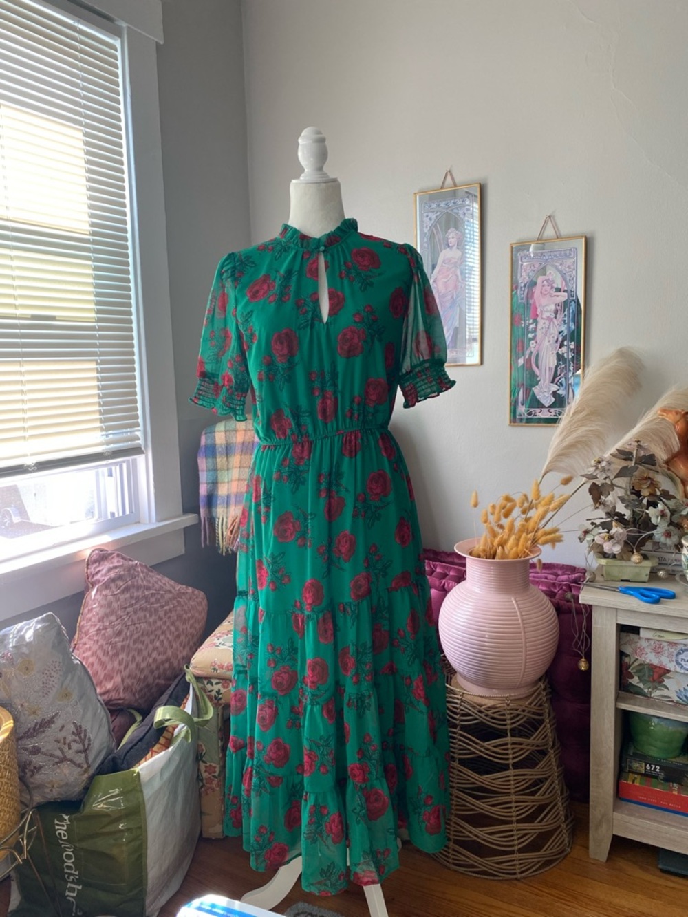 Betsey Johnson Green Maxi Dress with Pink Rose Print - Picture 2 of 12